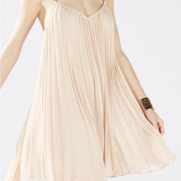 BCBGMaxAzria Soft Beige Halter Dress With Faux Leather Straps - Picture 6 of 7